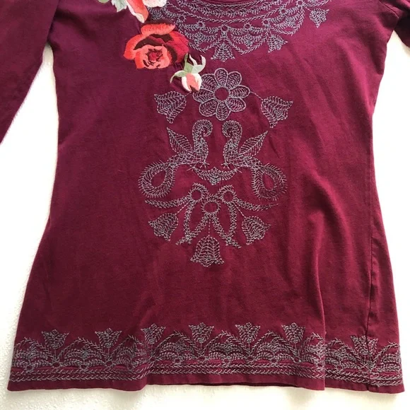 Johnny Was Burgundy Floral Embroidered Top - Picture 3 of 13